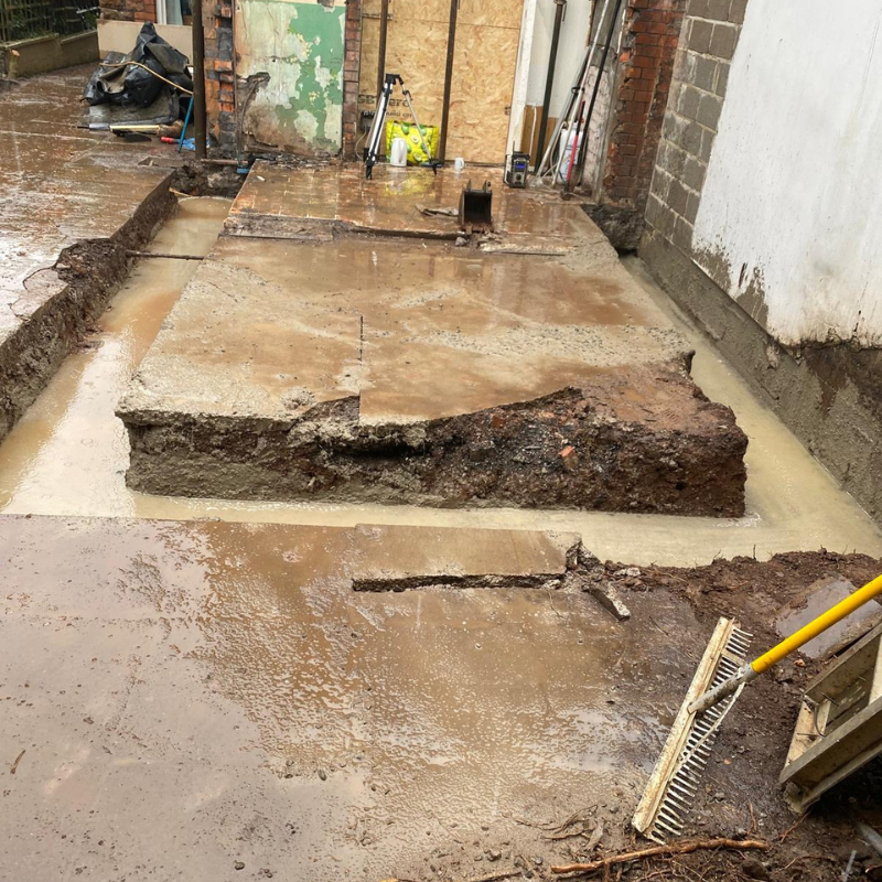 Concrete floor excavation and foundation preparation for residential building works in Bristol