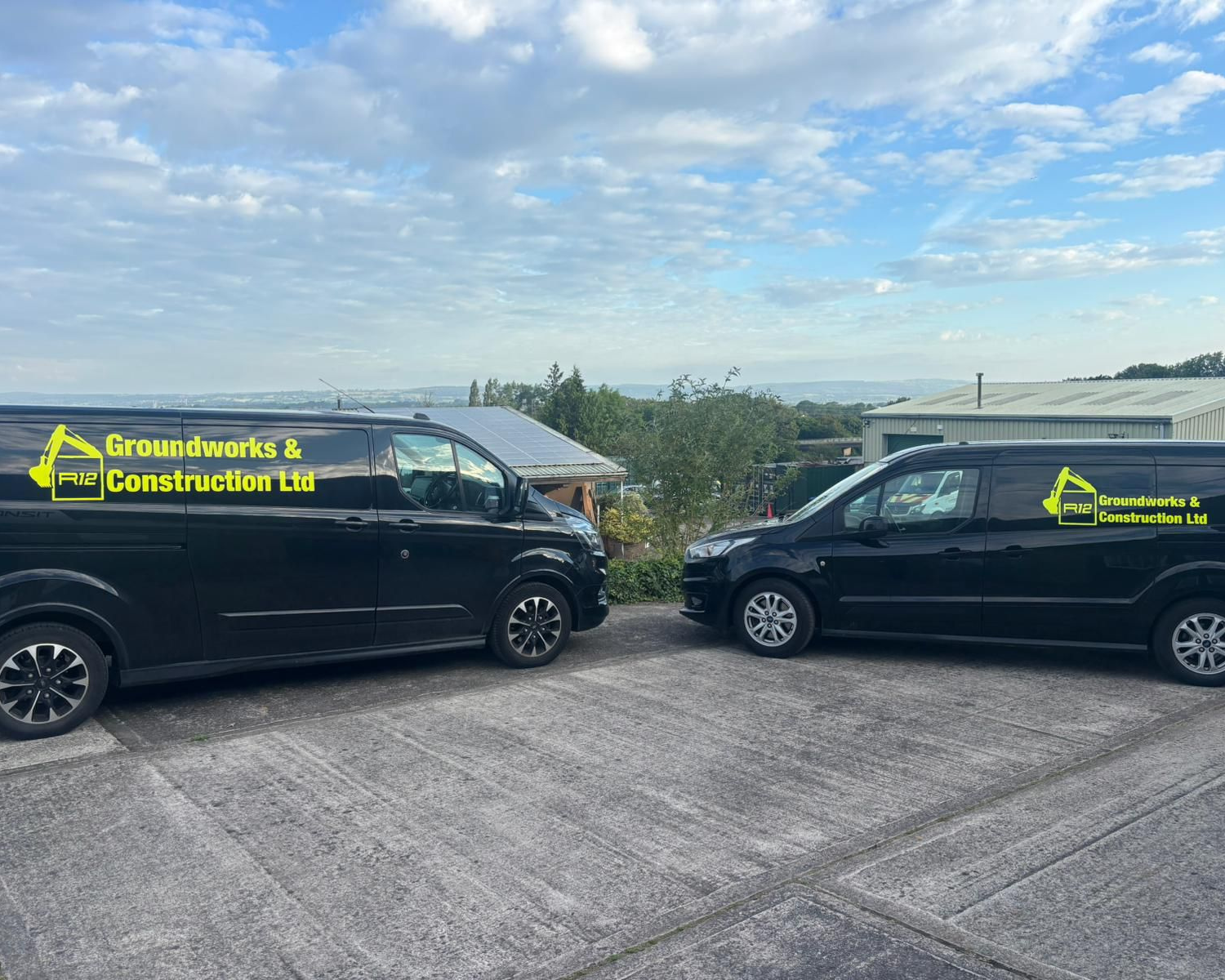 R12 Groundworks & Construction company vehicles in Bristol ready for commercial and domestic groundworks projects